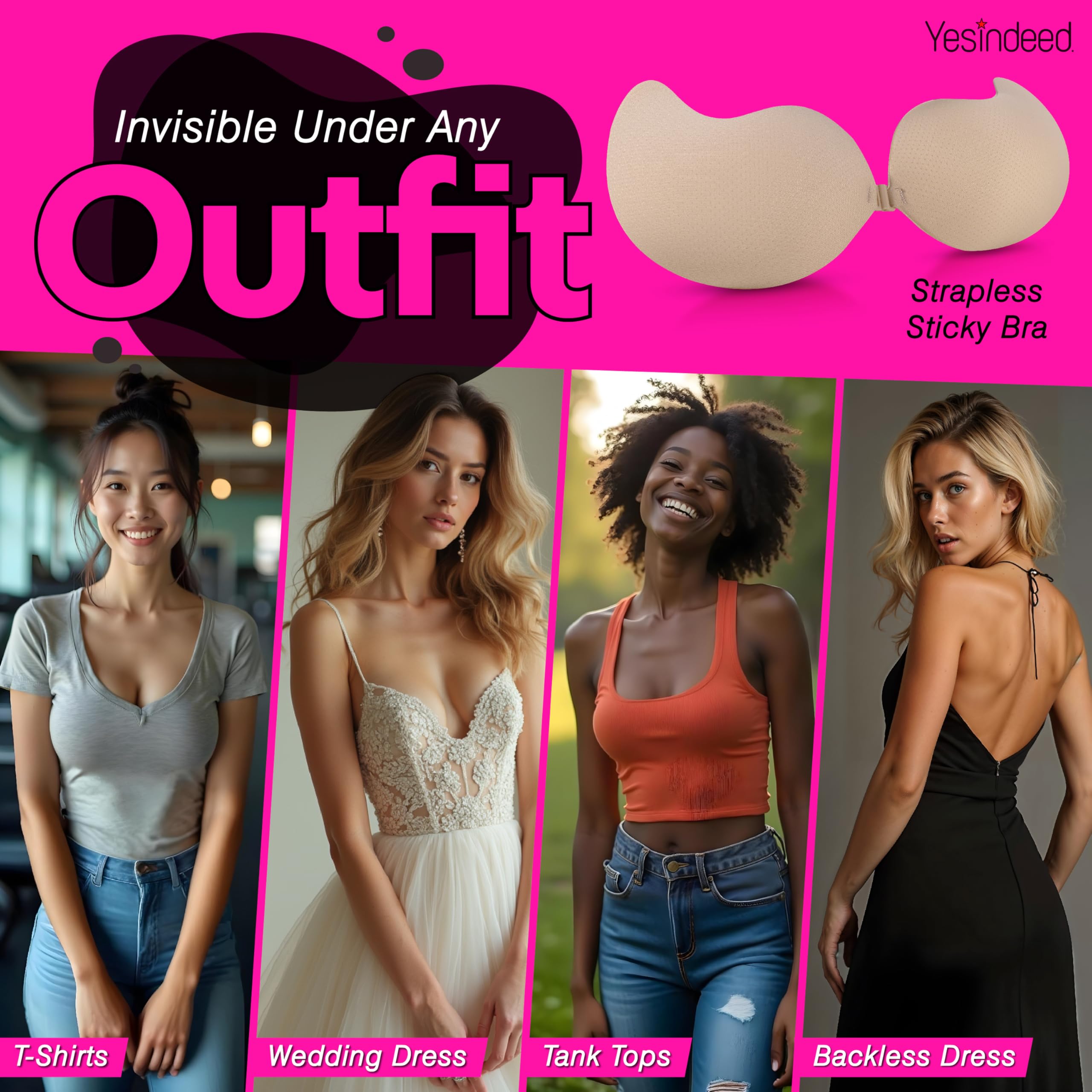 Strapless Sticky Bra Push-Up: Invisible, Backless Adhesive with Lift, Reusable Nipple Covers - Bonus Makeup Mirror - Image 5