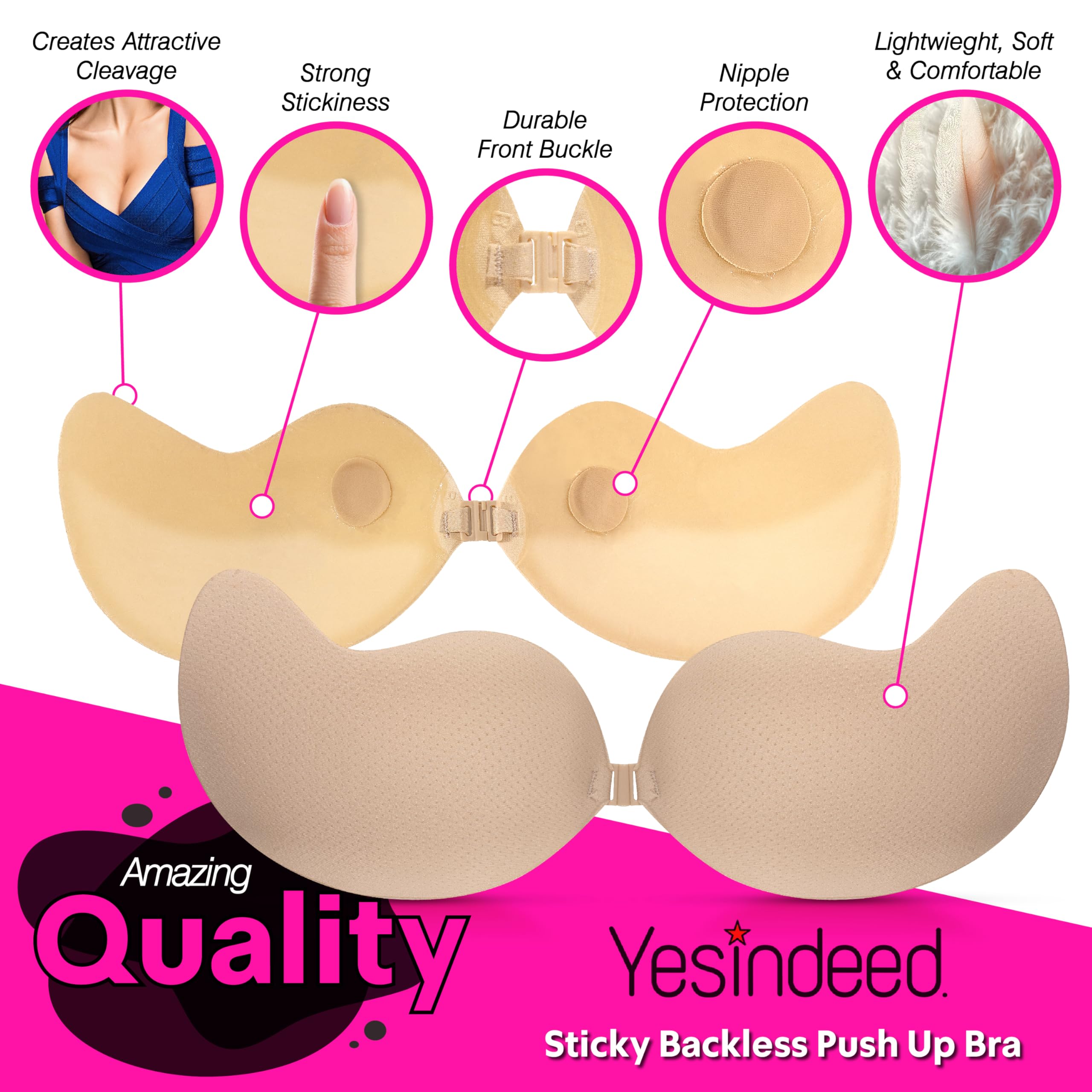 Strapless Sticky Bra Push-Up: Invisible, Backless Adhesive with Lift, Reusable Nipple Covers - Bonus Makeup Mirror - Image 6