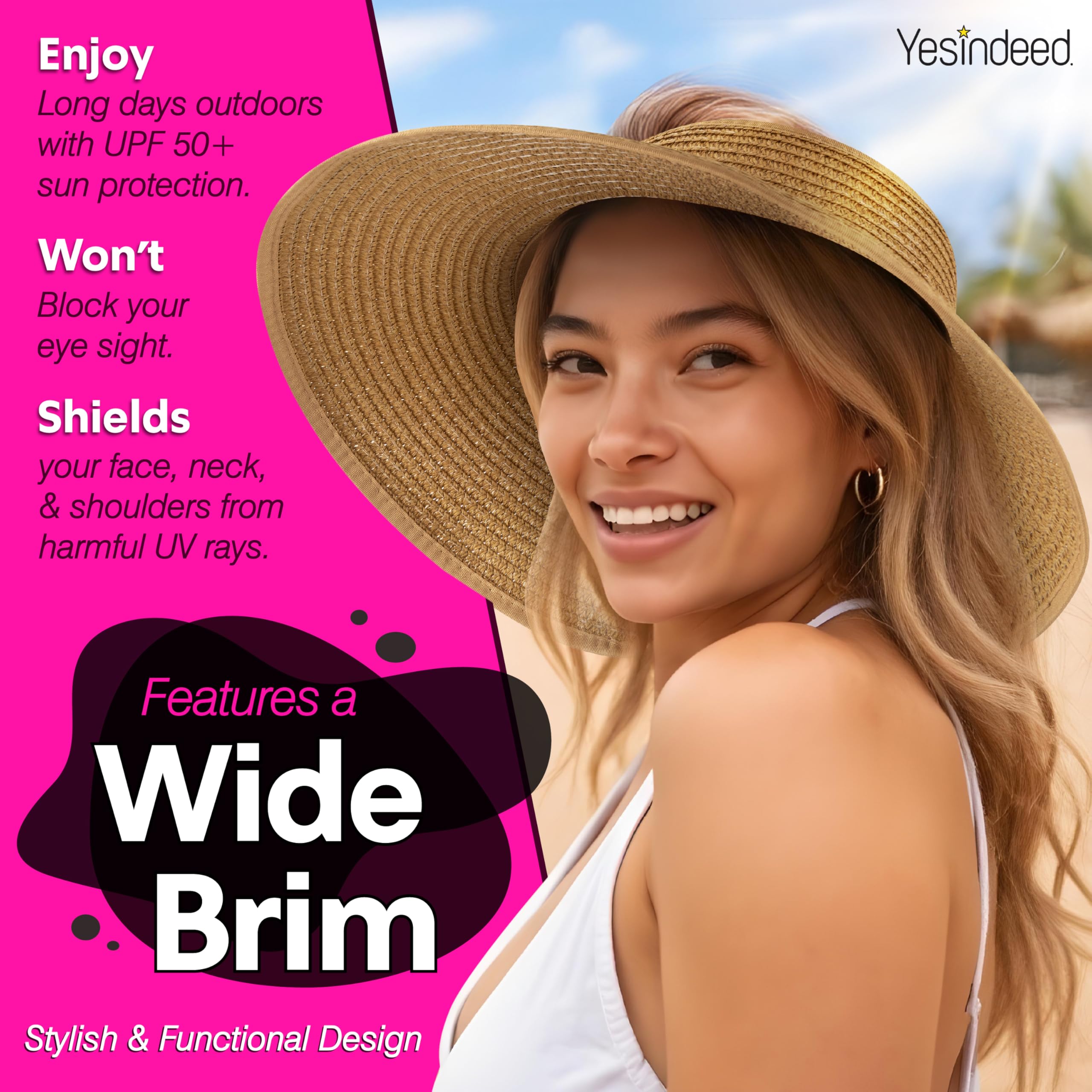 Women’s Sun Visor - UPF 50+ Protection, Wide Brim, Adjustable, Ponytail-Friendly, Packable - Ideal for Travel & Beach - Image 6