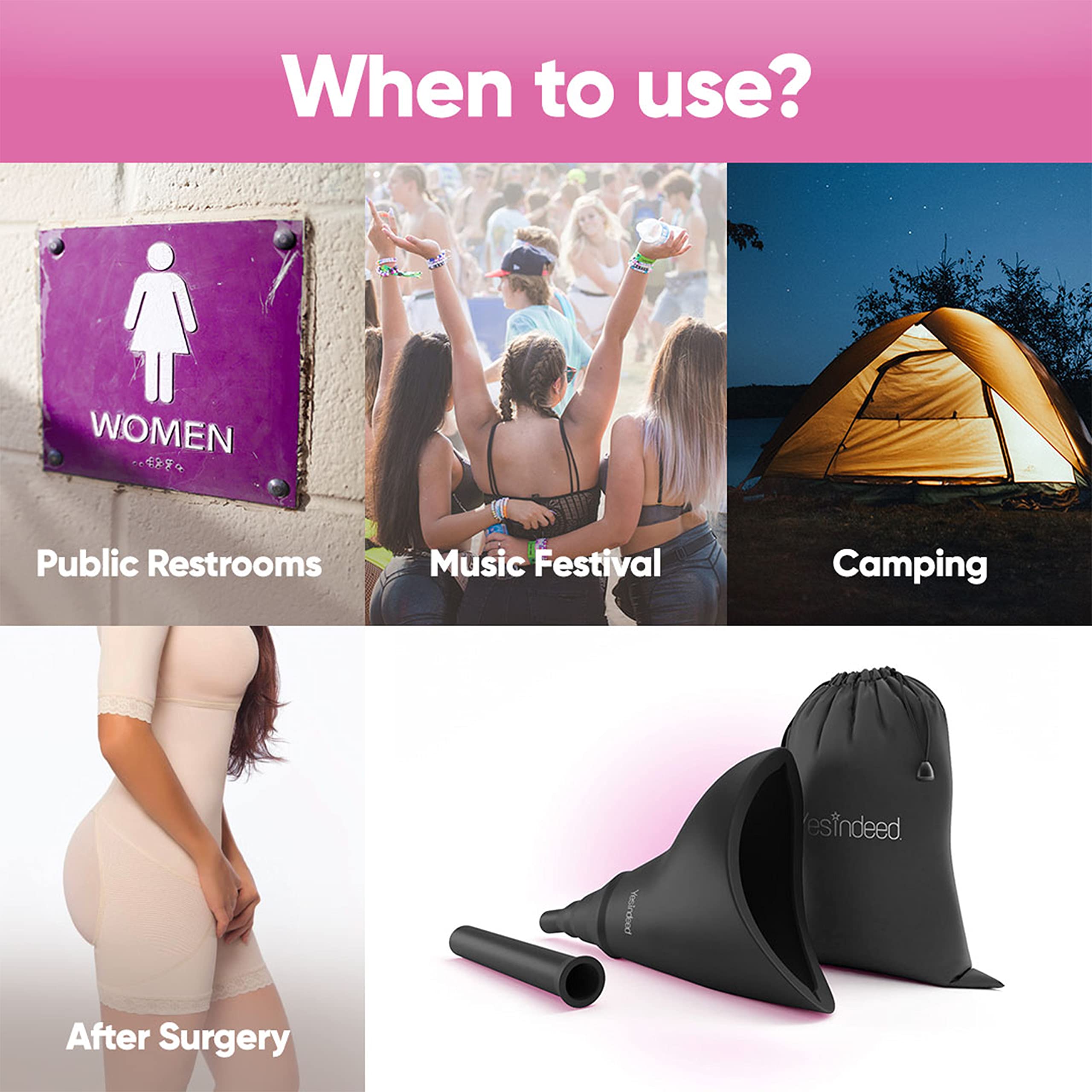 The Original YESINDEED Female Urination Device Silicone Funnel Urine Portable Urinal for Women Standing Up to Pee Reusable Easy to Clean, for After Surgery, Outdoor Activities +Extension Tube (Black) - Image 5
