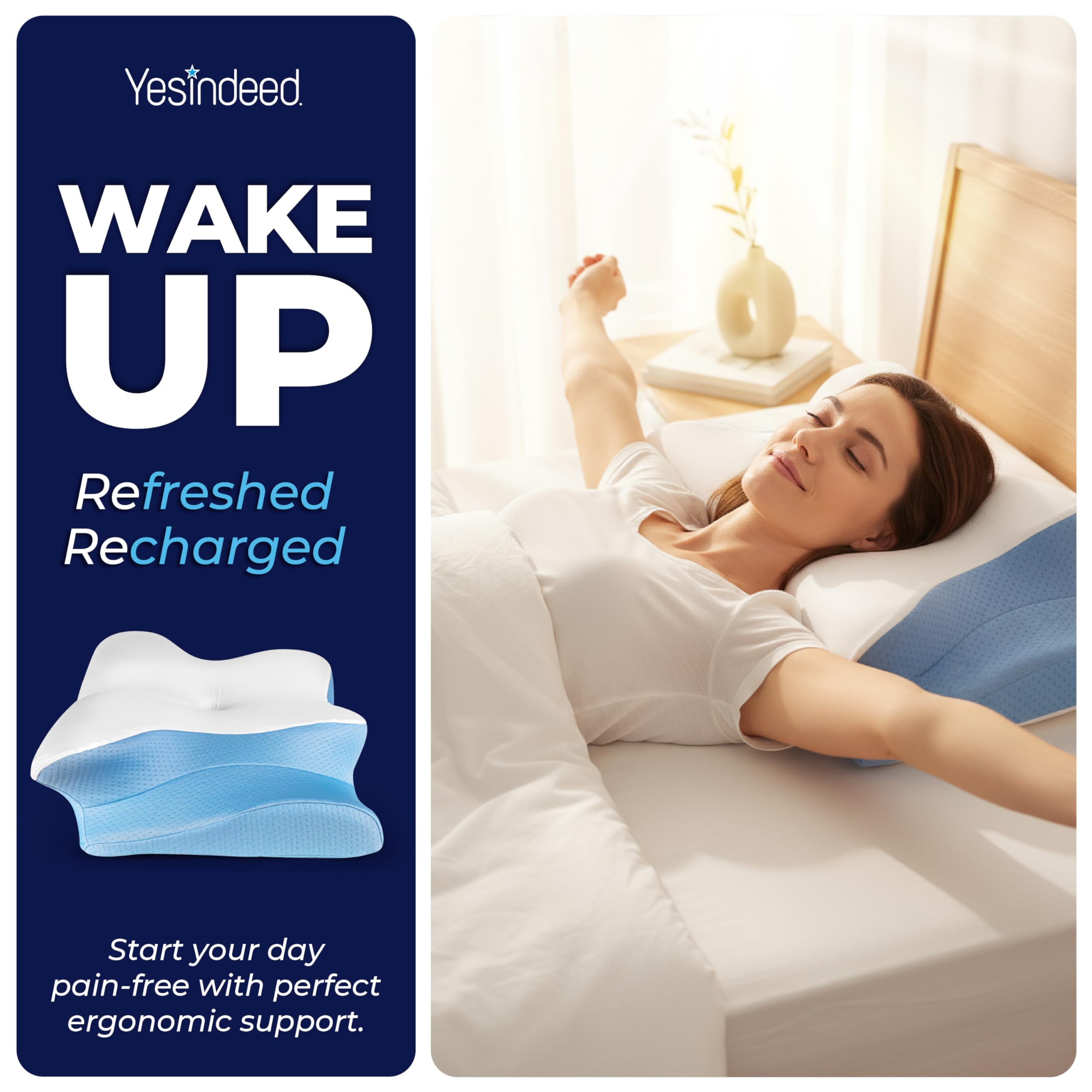 YESINDEED Pain Relief Cooling Pillow – Cervical Neck Support for Sleeping, Contoured Memory Foam Design for Neck and Shoulder Pain, Ergonomic Sleep Solution for Side Sleepers, Snoring, Posture - Image 5