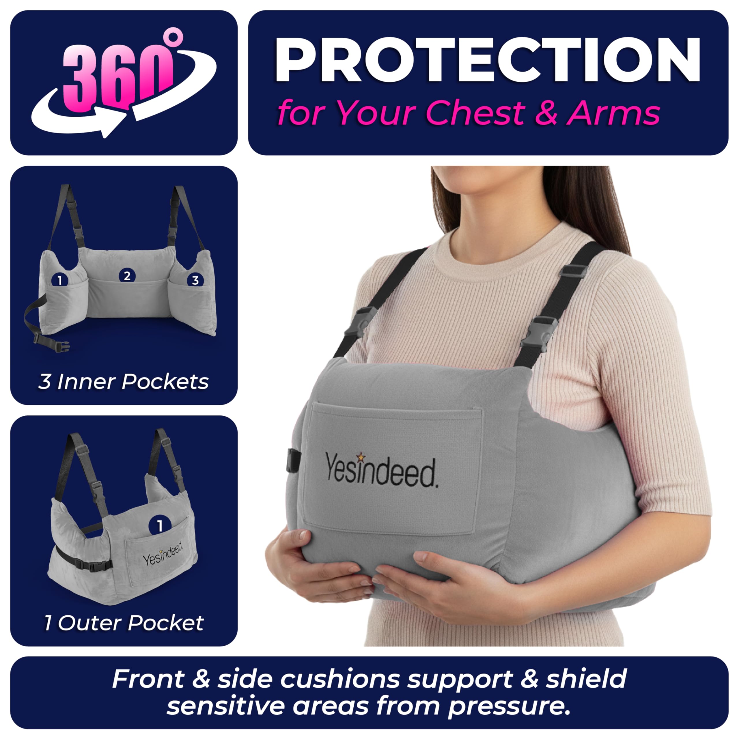 YESINDEED Post Mastectomy Pillow – Recovery Cushion with Strap, Shoulder Loops & Gel Pack – Charcoal Gray Support Pillow for Breast, Heart, C‑Section & Hysterectomy Recovery (Grey) - Image 3