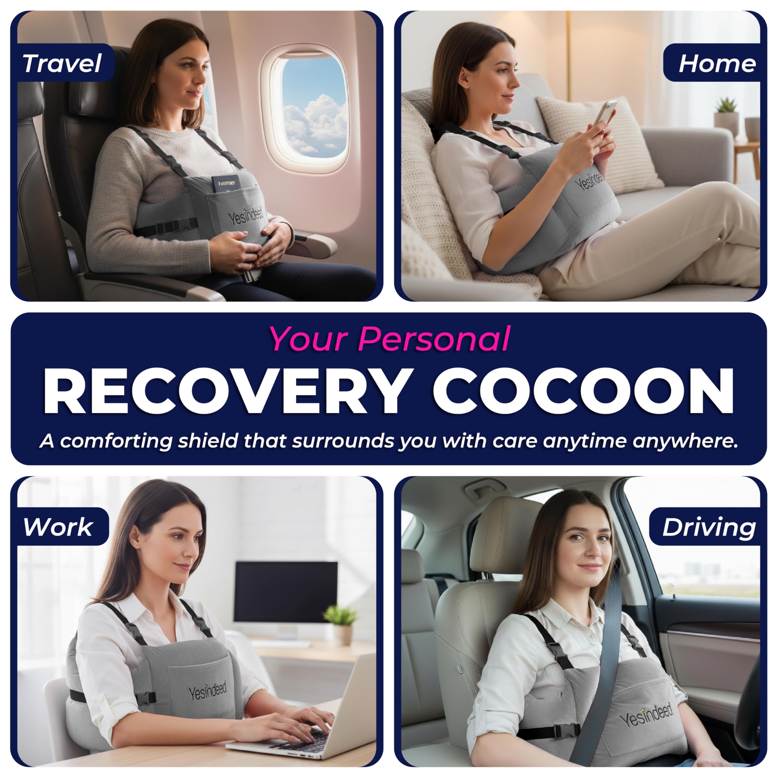 YESINDEED Post Mastectomy Pillow – Recovery Cushion with Strap, Shoulder Loops & Gel Pack – Charcoal Gray Support Pillow for Breast, Heart, C‑Section & Hysterectomy Recovery (Grey) - Image 4