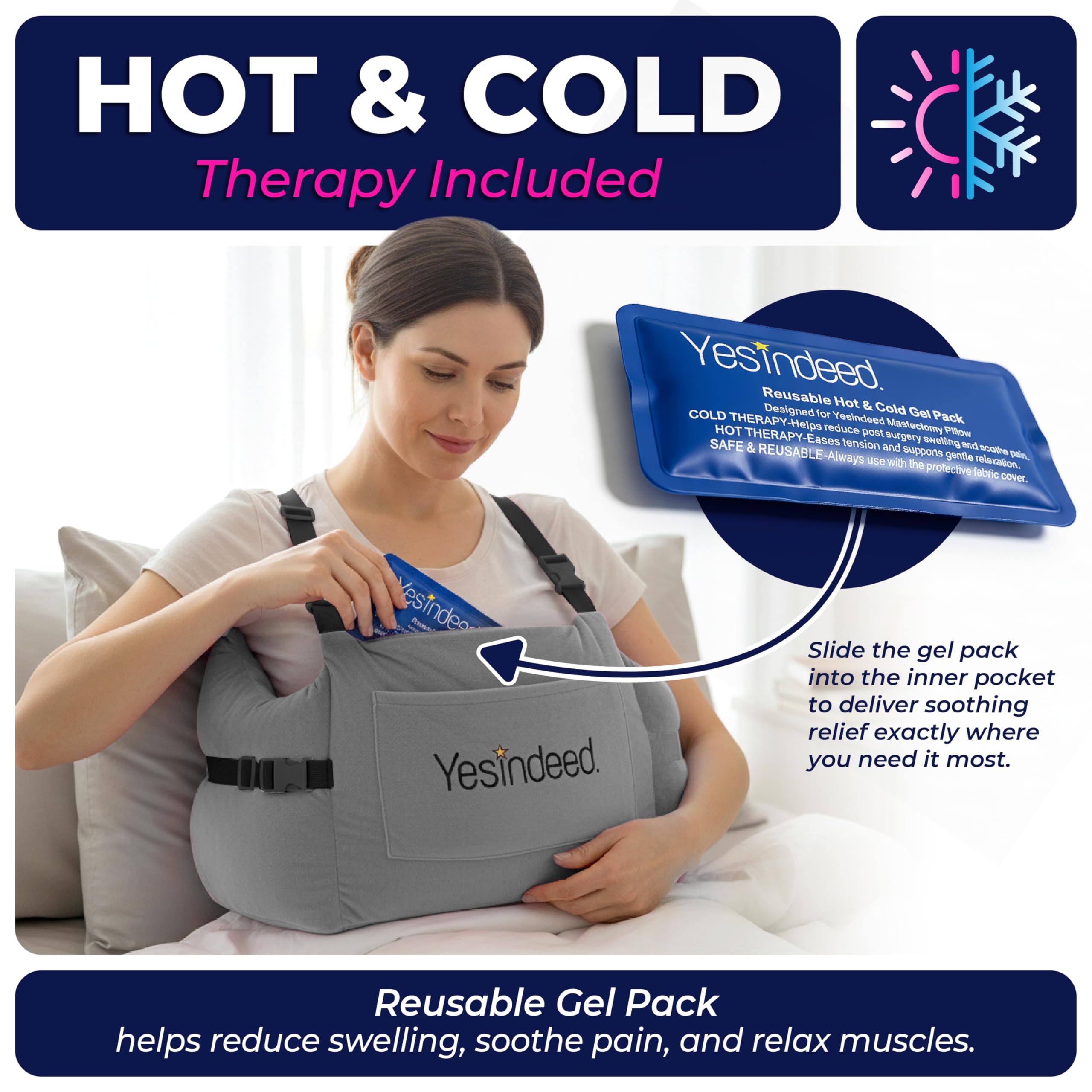 YESINDEED Post Mastectomy Pillow – Recovery Cushion with Strap, Shoulder Loops & Gel Pack – Charcoal Gray Support Pillow for Breast, Heart, C‑Section & Hysterectomy Recovery (Grey) - Image 5
