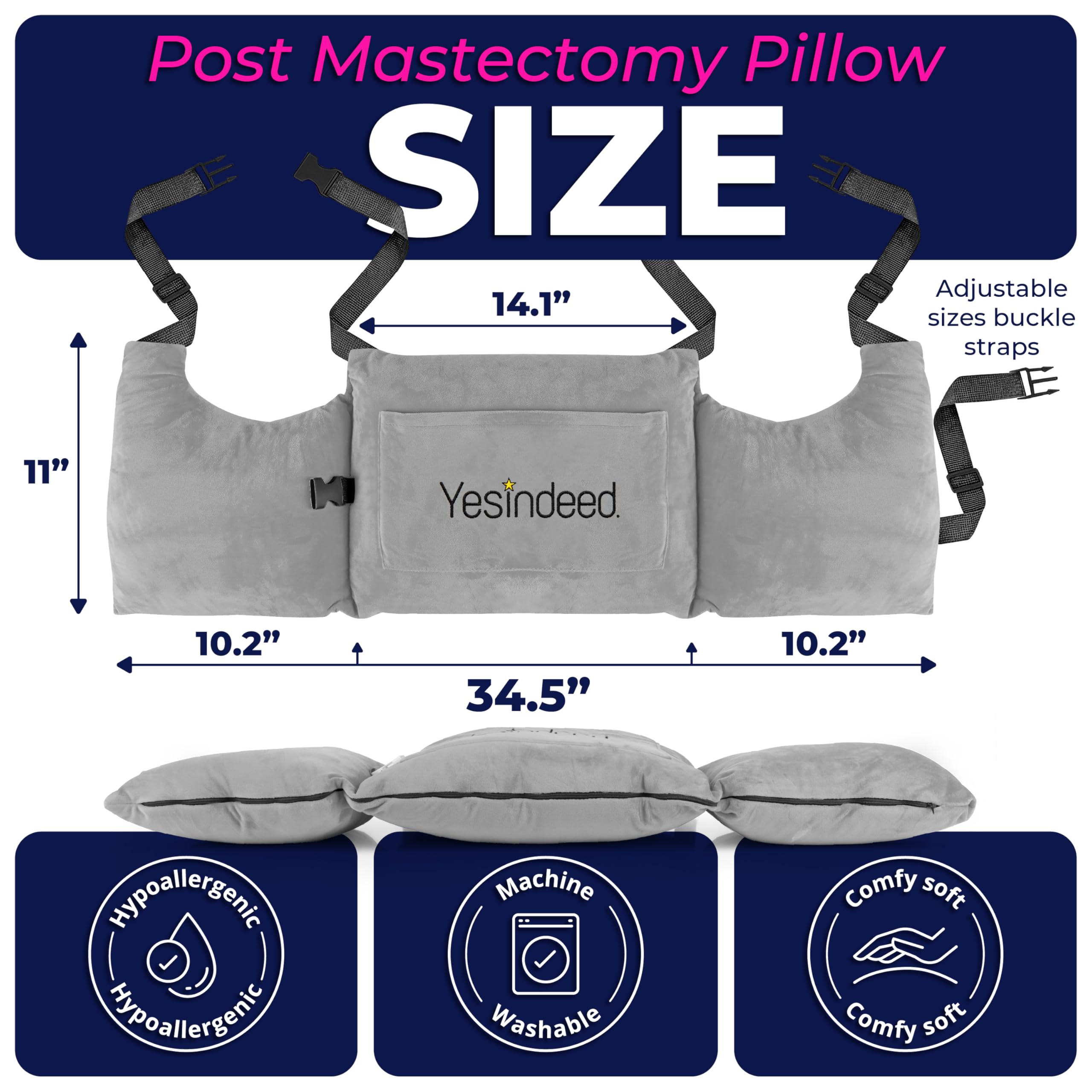 YESINDEED Post Mastectomy Pillow – Recovery Cushion with Strap, Shoulder Loops & Gel Pack – Charcoal Gray Support Pillow for Breast, Heart, C‑Section & Hysterectomy Recovery (Grey) - Image 7