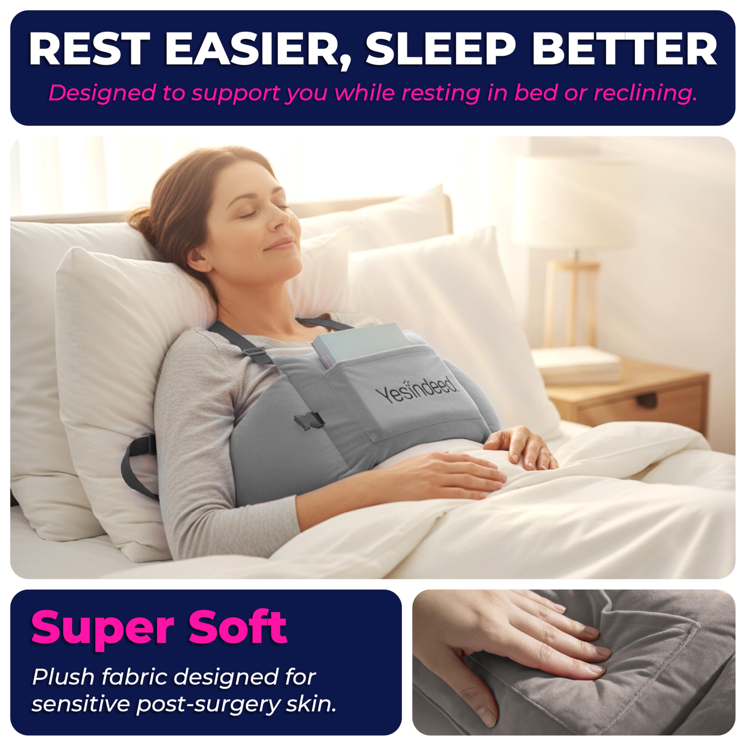 YESINDEED Post Mastectomy Pillow – Recovery Cushion with Strap, Shoulder Loops & Gel Pack – Charcoal Gray Support Pillow for Breast, Heart, C‑Section & Hysterectomy Recovery (Grey) - Image 8